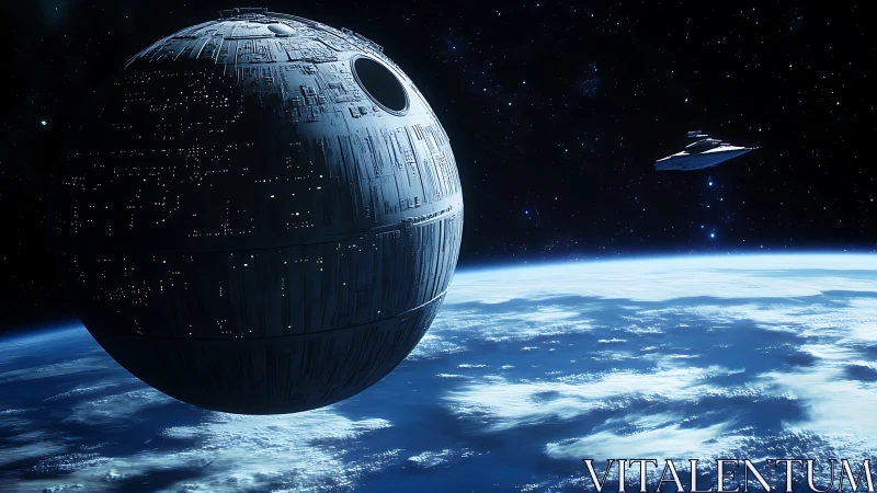 Massive spherical battle station orbiting a blue planet.