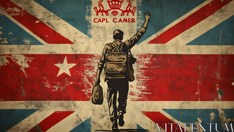 Traveler raising a hopeful hand against a bold flag backdrop.