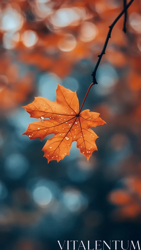Single autumn leaf glows softly against dreamy bokeh haze