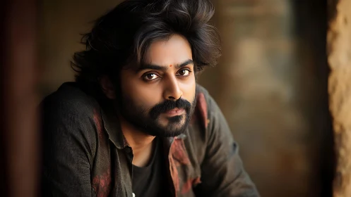 Man with intense gaze leaning in warm rustic light portrait.