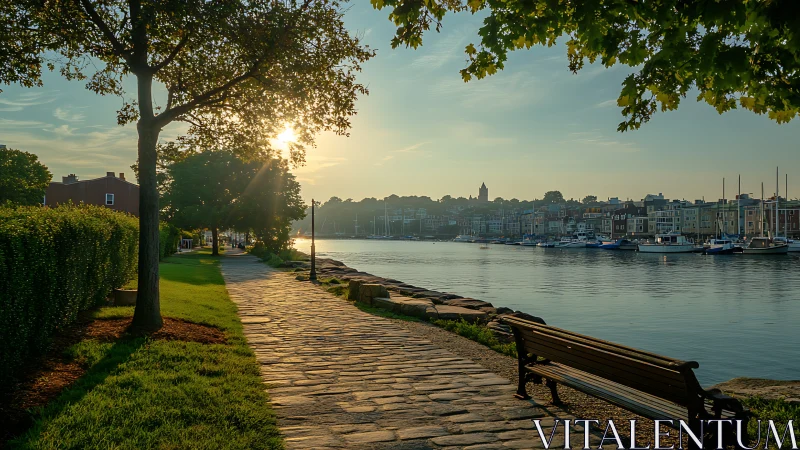 Sunlit stone walkway runs beside calm waterfront harbor