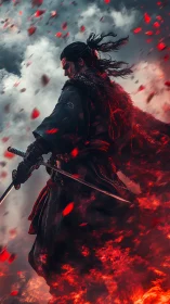 Digital painting of samurai warrior in dynamic firestorm composition.