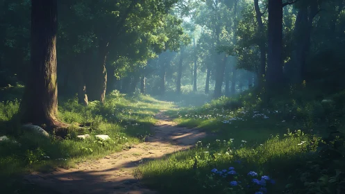Forest Path Bathed in Golden Sunlight Through Canopy.