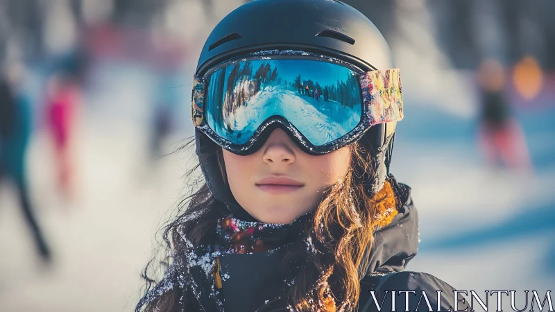 Teen skier wears helmet and goggles on snowy mountain slope