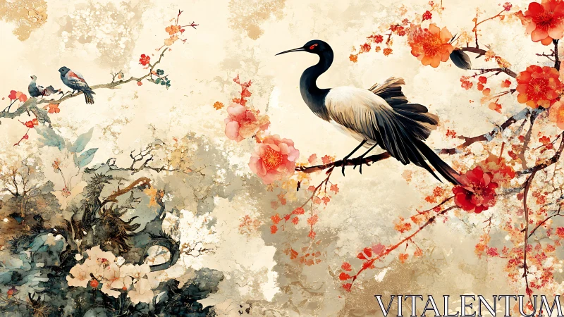 Cranes and blossoms drift through a dream of painted spring.