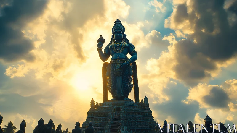 Large blue deity statue against bright clouded sky.