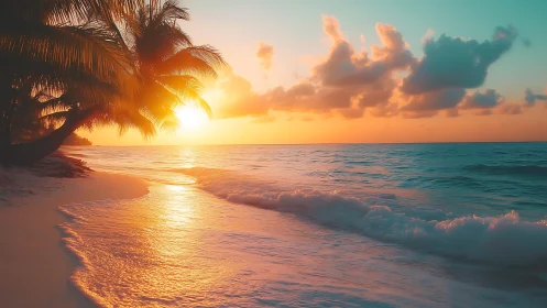 Sunset-tinted waves whisper softly beneath leaning palms