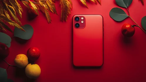 Red iPhone 12 with Autumn Fruits and Botanicals.