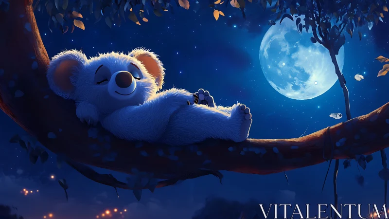 Koala sleeps on tree branch under bright full moon at night