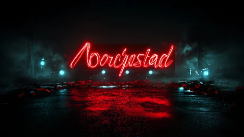 Red neon script sign in dark wet industrial setting.