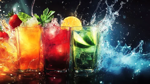 Three Colorful Beverages with Dynamic Water Splash Effects.