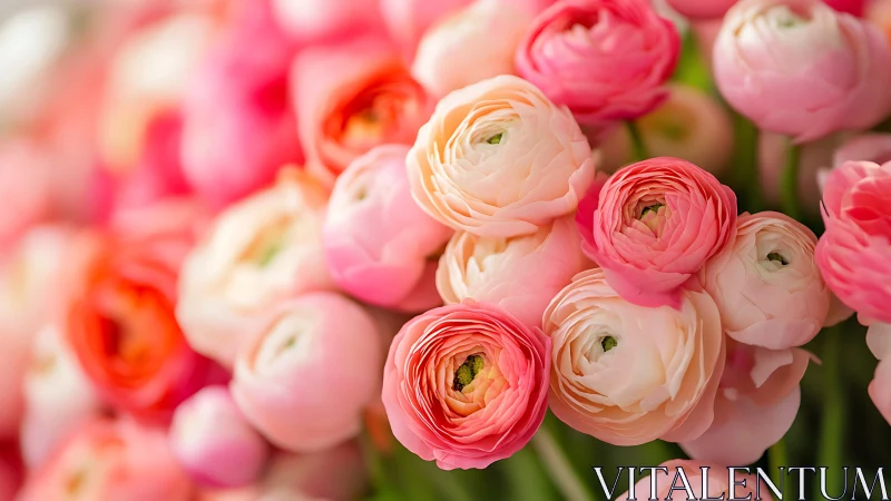 Ranunculus Blooms: Layered Pink and Peach Petals in Soft Focus.