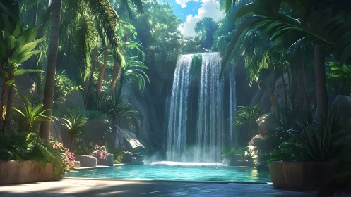 Tropical waterfall oasis with crystal lagoon and lush palms.