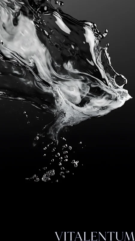 High-speed liquid plume with suspended droplets on black field.