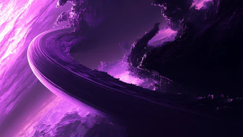 Cosmic violet waves curling around a glowing space ring.