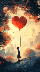 Girl Holds Giant Crimson Heart Balloon Over Autumn City