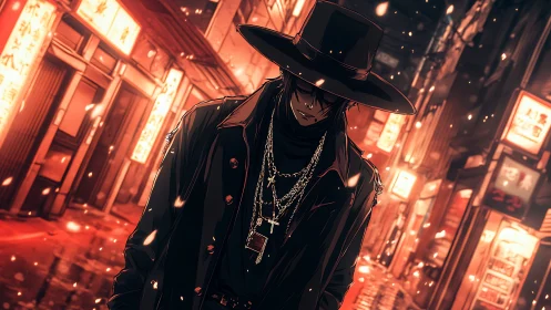 Midnight drifter in neon alley embers, hat brim burning low.
