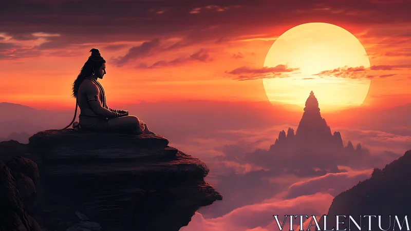 Sun-giant dawn crowns a meditating sage on cloud peaks.