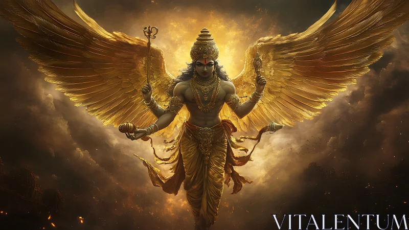 Winged divine figure in golden armor against stormy sky.