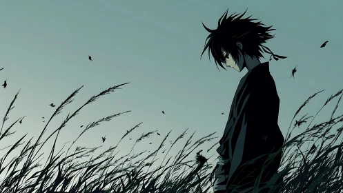 Melancholic anime figure in windswept grass at dusk