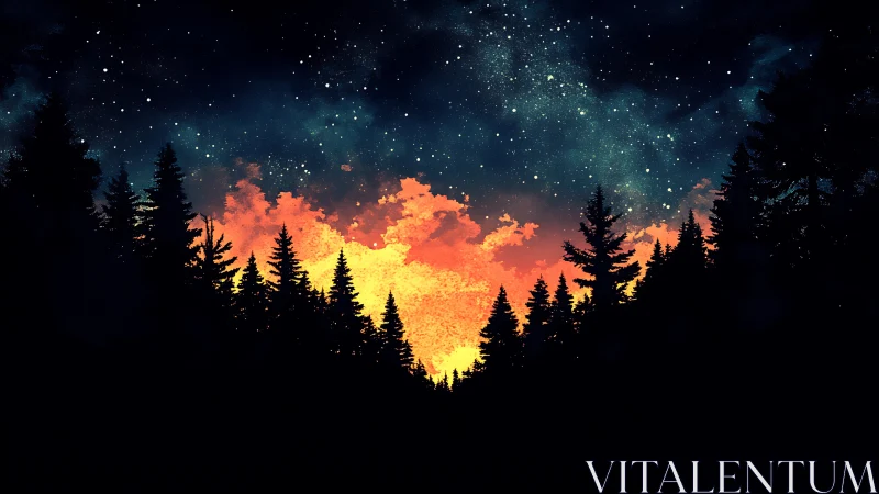 Silhouetted conifer forest under vivid sunset and stars.