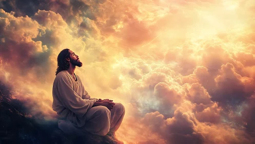 Solitary robed figure seated before dense glowing clouds.