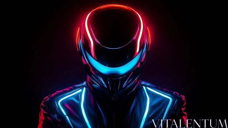Futuristic helmeted figure with neon red and blue lighting.