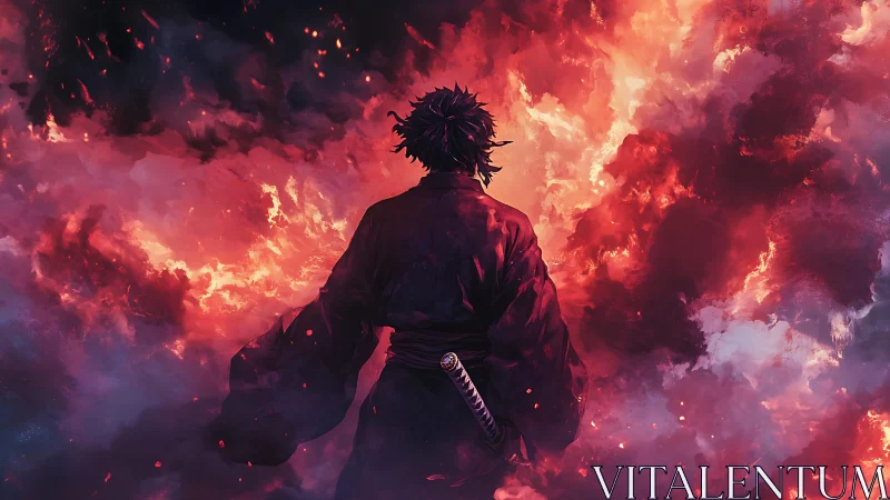 Samurai silhouette standing before large surrounding flames.