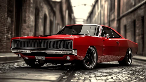 Red classic muscle car on cobblestone city street at dusk.