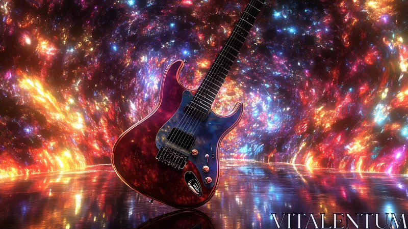 Electric guitar floating in vivid cosmic light tunnel.