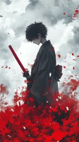 Silent samurai stands in crimson petals and stormy sky