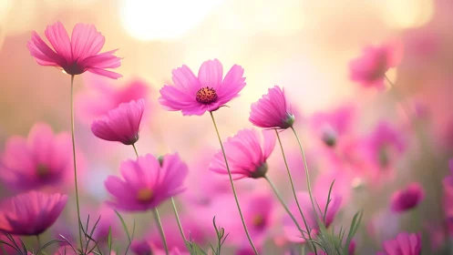 Pink cosmos flowers dance through golden afternoon light