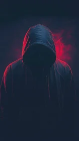 Hooded silhouette framed by neon red backlight glow.