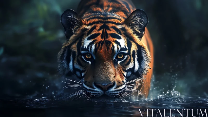 Midnight tiger wading through water with glowing amber eyes.