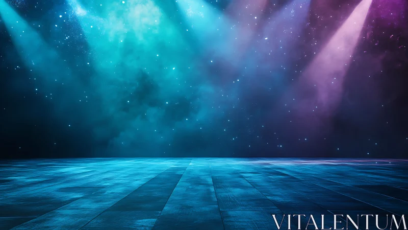 Empty stage under cyan and magenta spotlights forms cinematic space