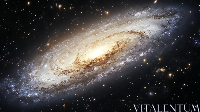 Spiral galaxy panorama with luminous stellar core rendering.