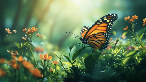 Monarch butterfly rests on sunlit wildflowers in soft forest