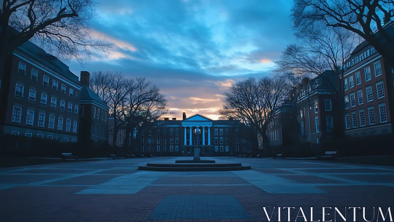 Quiet university courtyard glows under dramatic blue dawn sky.