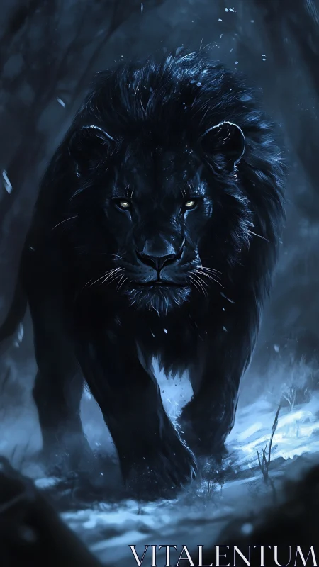 Black lion walks through snowy forest in blue lighting
