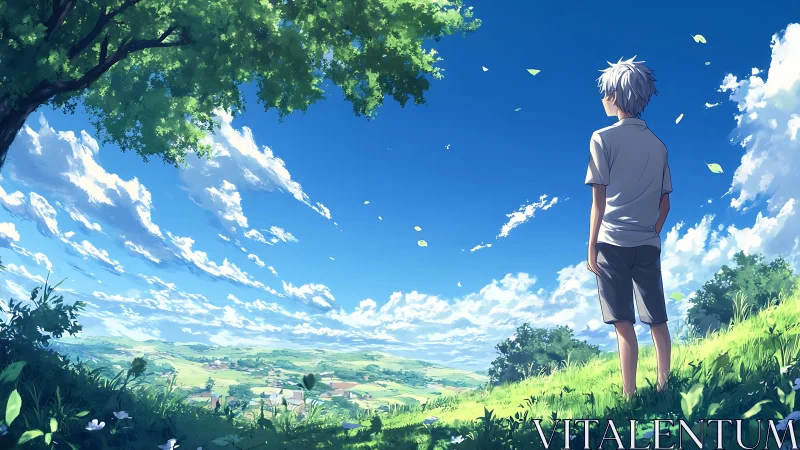 Backlit adolescent observer over luminous rural valley panorama.