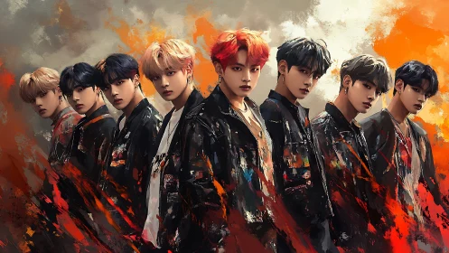 Seven stylized young men in dark jackets, fiery backdrop.