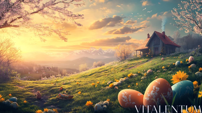 Digital painting of pastoral Easter hillside at golden hour.