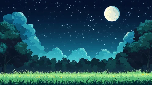 Moonlit night sky illuminates grassy clearing and tree line