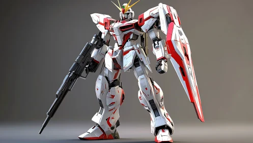 Detailed white and red mecha rendered in dynamic 3D stance