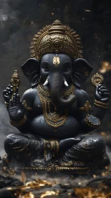Dark stone Ganesha statue with ornate gold adornments.