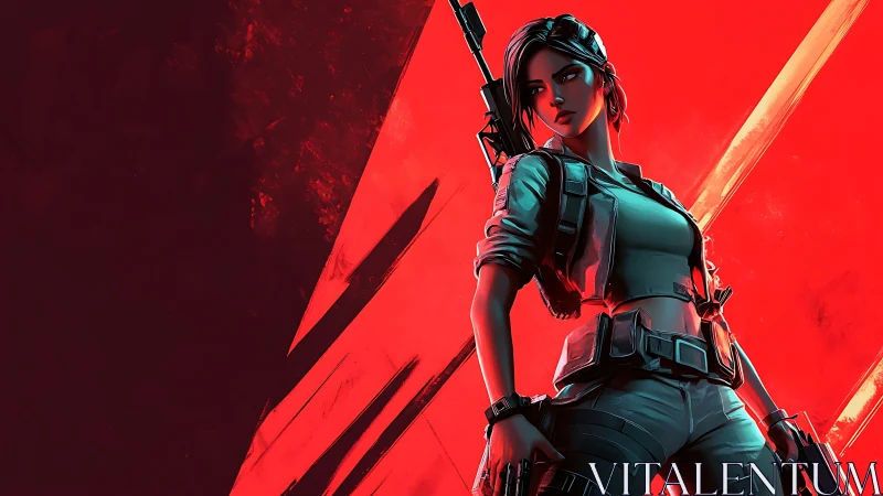 Armed female soldier stands against bold red graphic backdrop