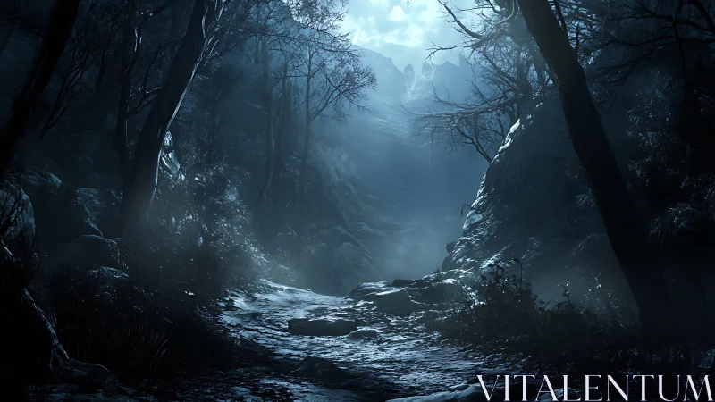 Nocturnal ravine corridor under diffuse lunar backlighting.