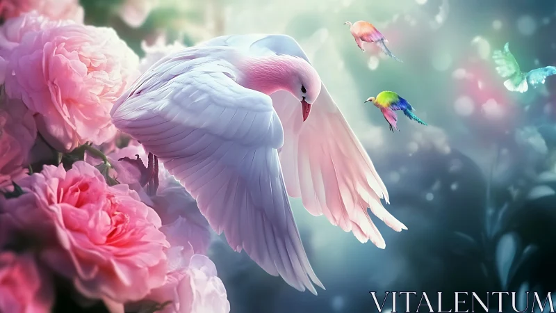 Elegant white dove with pink roses in dreamy fantasy art.