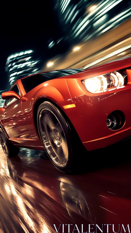 Midnight red muscle car streaking through neon soaked streets.