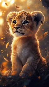 Golden light bathes curious lion cub in falling leaves.